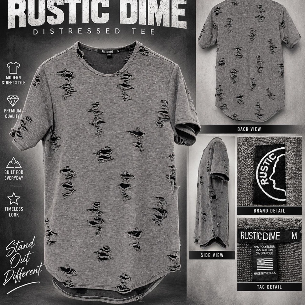 Rustic Dime Distressed Longline T-Shirt Gray Mens Size M Streetwear Made in USA